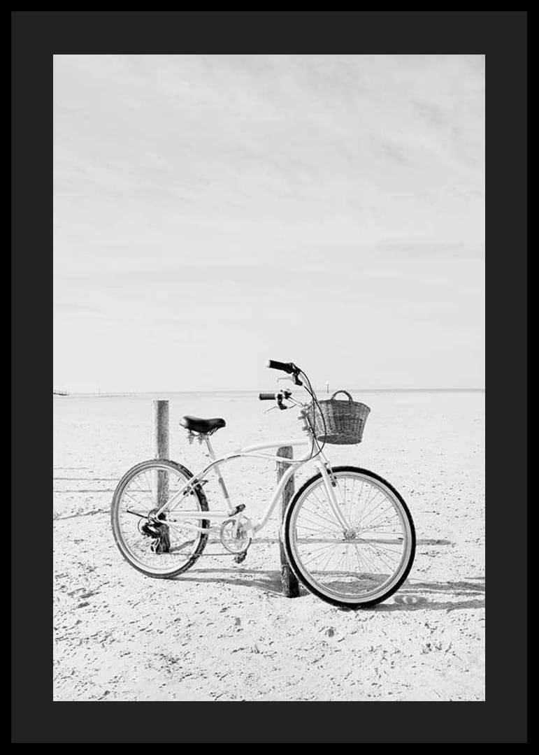 Black and white beach scene with retro bicycle and bicycle basket-12