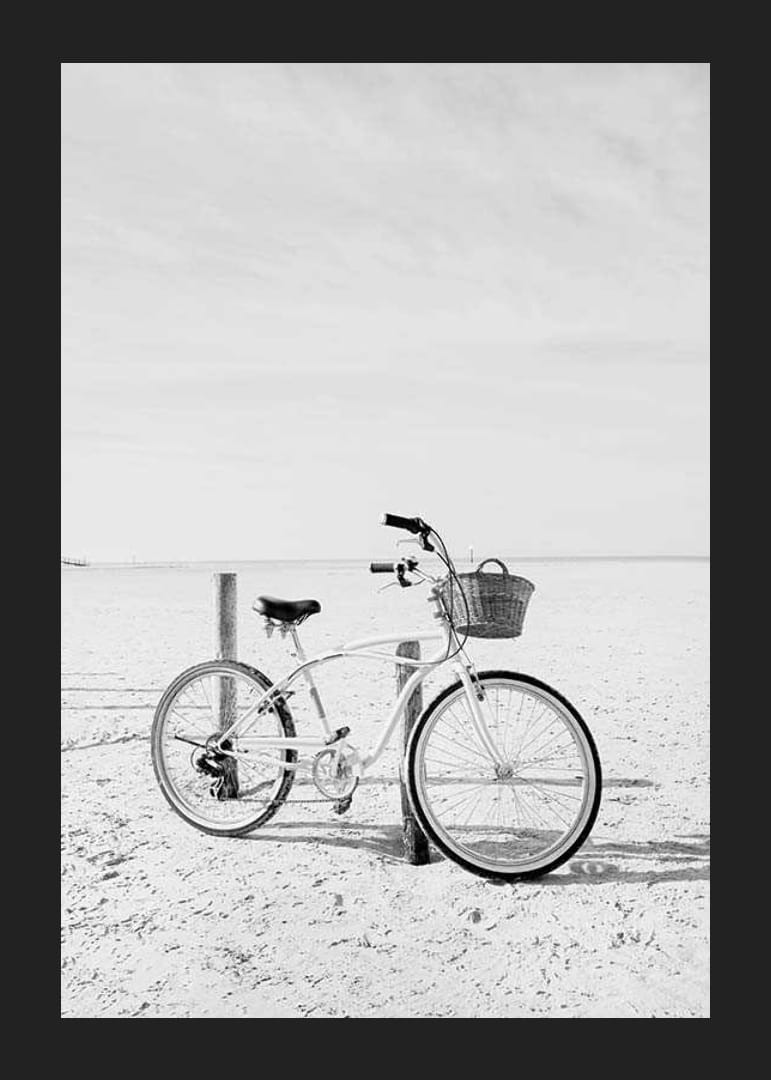 Black and white beach scene with retro bicycle and bicycle basket-12