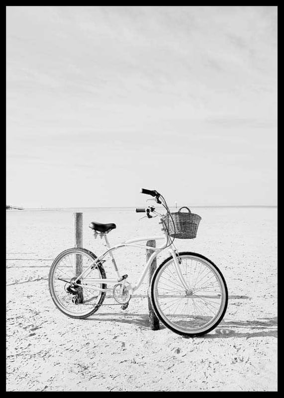 Black and white beach scene with retro bicycle and bicycle basket-12
