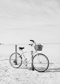 Black and white beach scene with retro bicycle and bicycle basket-7