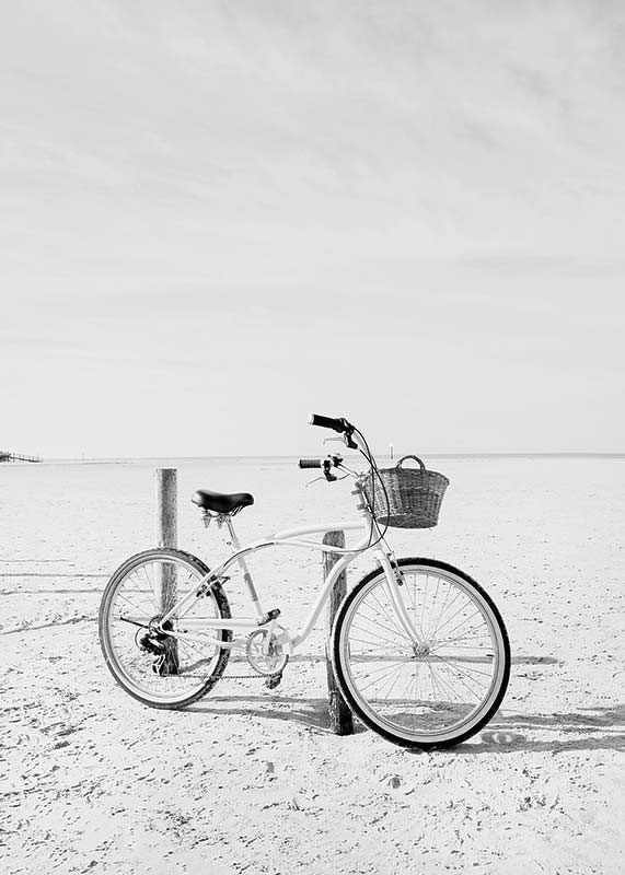 Black and white beach scene with retro bicycle and bicycle basket-12