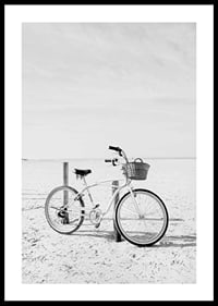 Black and white beach scene with retro bicycle and bicycle basket-0