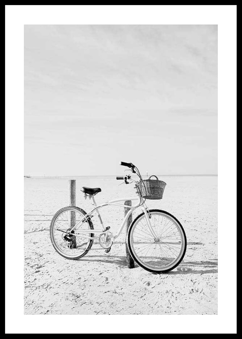 Black and white beach scene with retro bicycle and bicycle basket-12