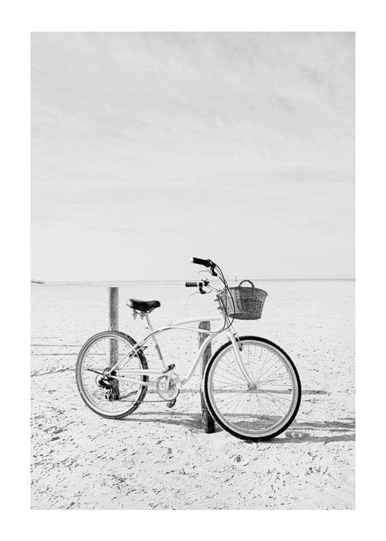 Black and white beach scene with retro bicycle and bicycle basket-12