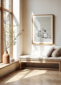 Black and white beach scene with retro bicycle and bicycle basket-8
