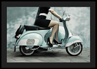 Photograph of woman on light blue retro scooter against gray wall-4