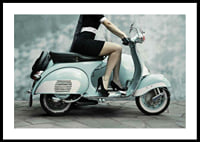 Photograph of woman on light blue retro scooter against gray wall-0