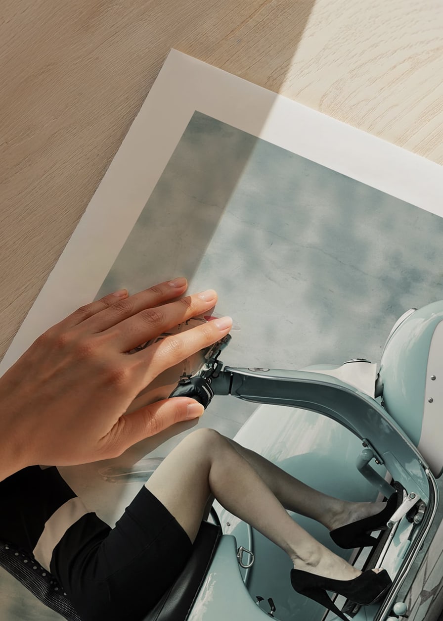 Photograph of woman on light blue retro scooter against gray wall-12