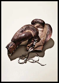 Photograph of worn brown boxing gloves on light background-6