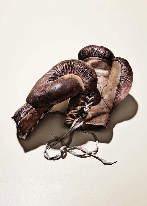 Photograph of worn brown boxing gloves on light background-12