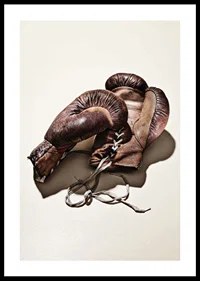 Photograph of worn brown boxing gloves on light background-0