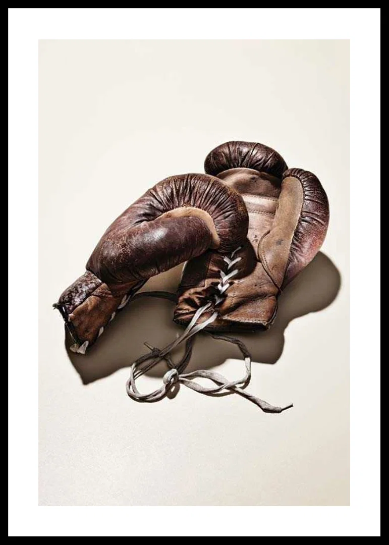 Photograph of worn brown boxing gloves on light background-12