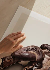 Photograph of worn brown boxing gloves on light background-9