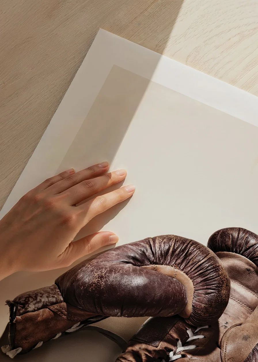 Photograph of worn brown boxing gloves on light background-12