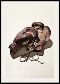 Photograph of worn brown boxing gloves on light background-2