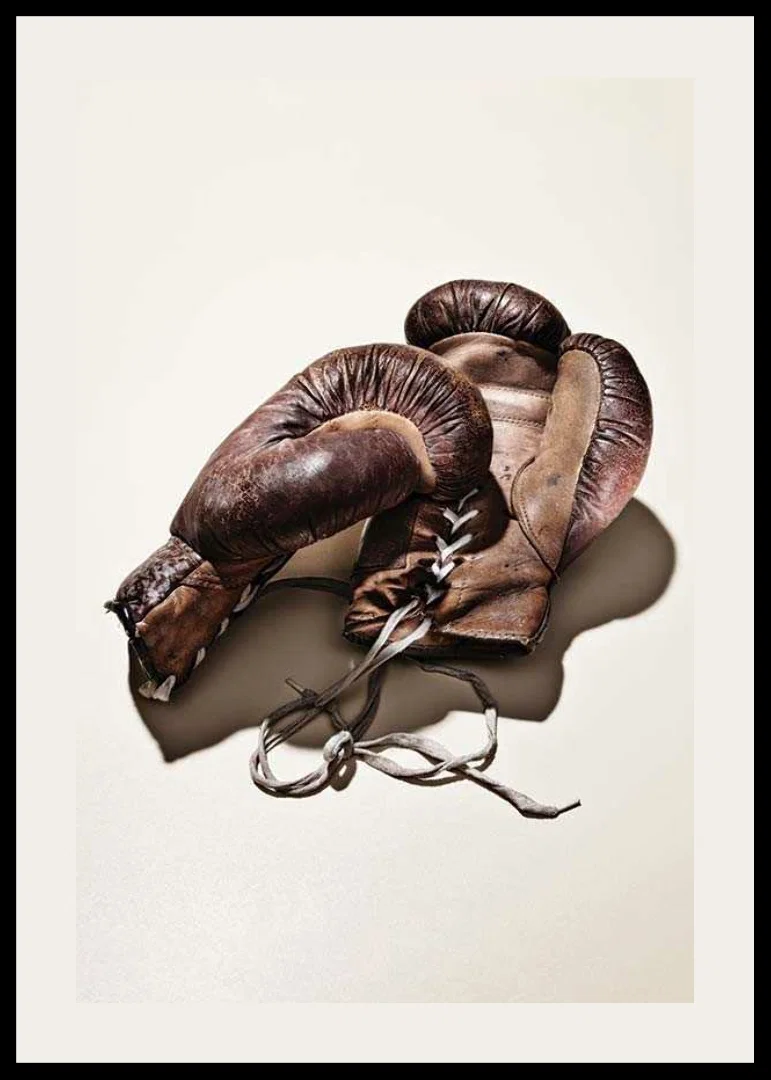 Photograph of worn brown boxing gloves on light background-12
