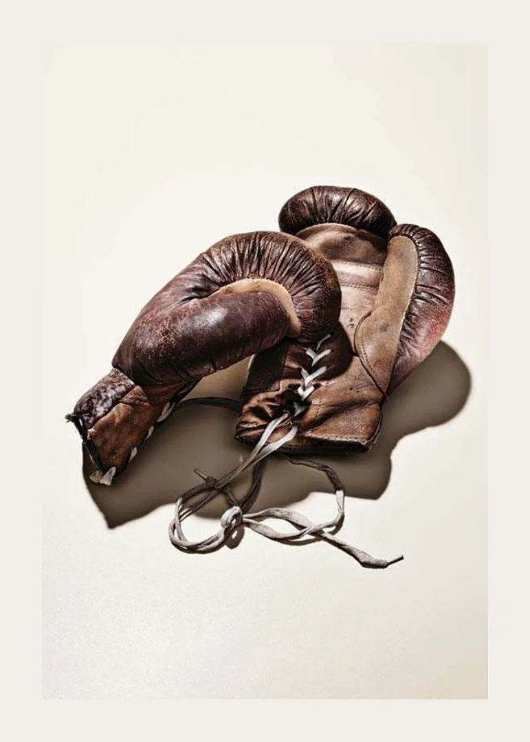Photograph of worn brown boxing gloves on light background-12