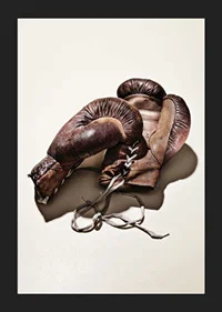 Photograph of worn brown boxing gloves on light background-5
