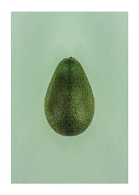 Photograph of whole green avocado against a solid green background-1