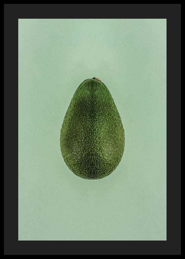 Photograph of whole green avocado against a solid green background-12