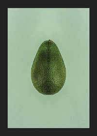 Photograph of whole green avocado against a solid green background-5