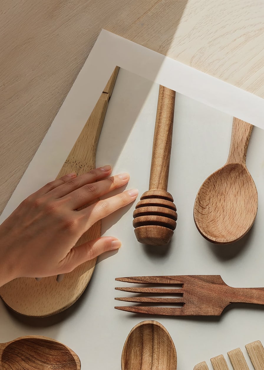 Photograph of various wooden kitchen utensils against a light background-12