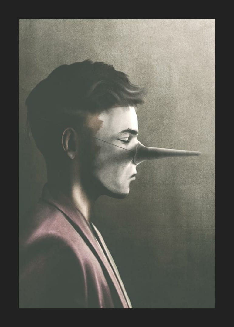 Portret młodego mężczyzny z profilu, z długim, oklapniętym nosem, stonowana kolorystyka-12