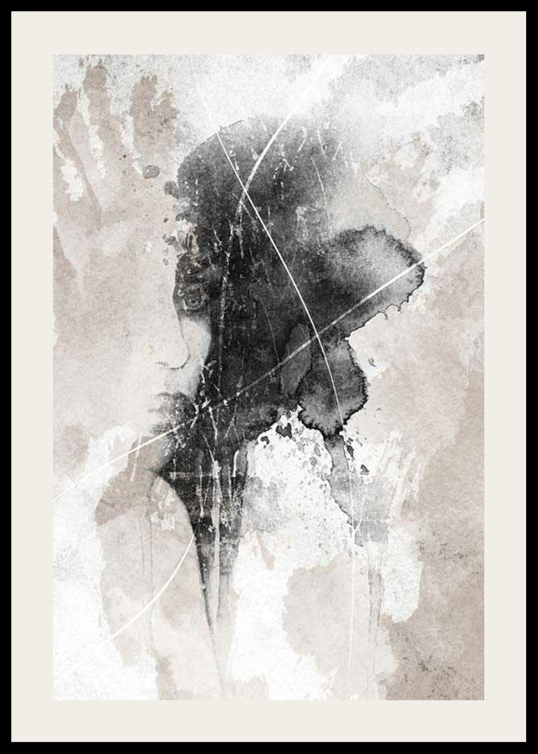 Abstrakt akvarell av ansikte och handavtryck i svart och beige-12