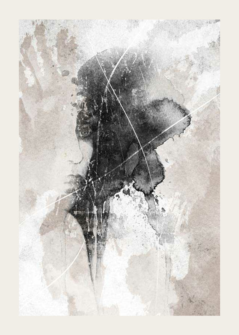 Abstrakt akvarell av ansikte och handavtryck i svart och beige-12