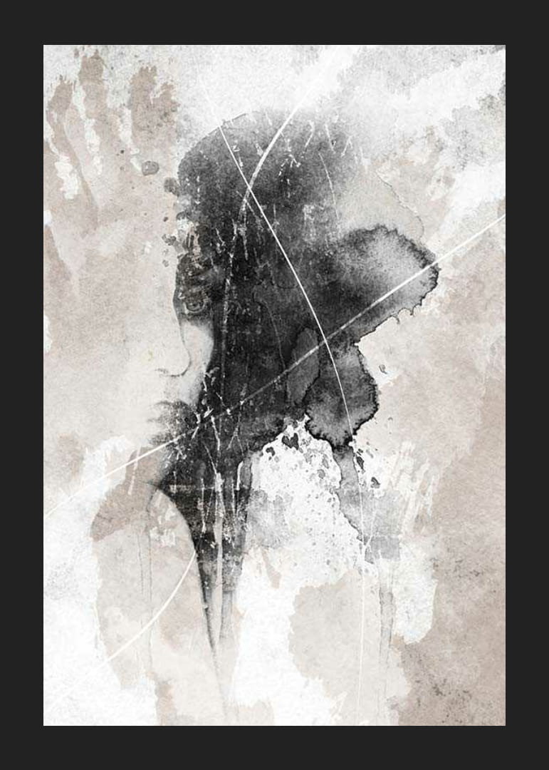 Abstrakt akvarell av ansikte och handavtryck i svart och beige-12