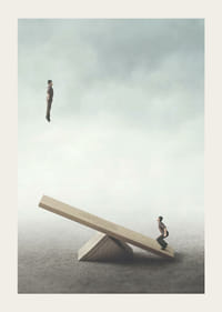 Surrealistinen kuva kahdesta miehestä keinulaudalla-3