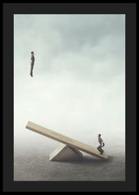 Surrealistinen kuva kahdesta miehestä keinulaudalla-4