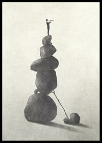 Illustration of man with binoculars on stacked stones, grayscale-6