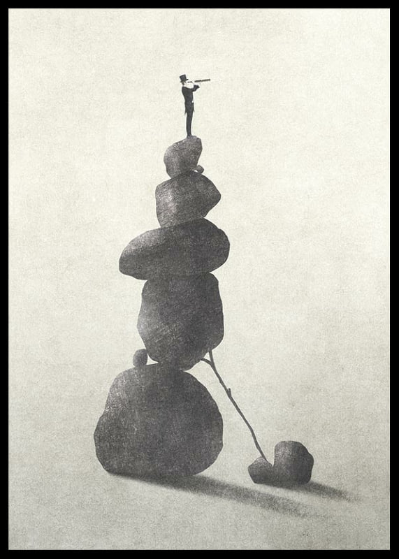 Illustration of man with binoculars on stacked stones, grayscale-12