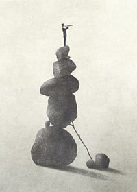 Illustration of man with binoculars on stacked stones, grayscale-7