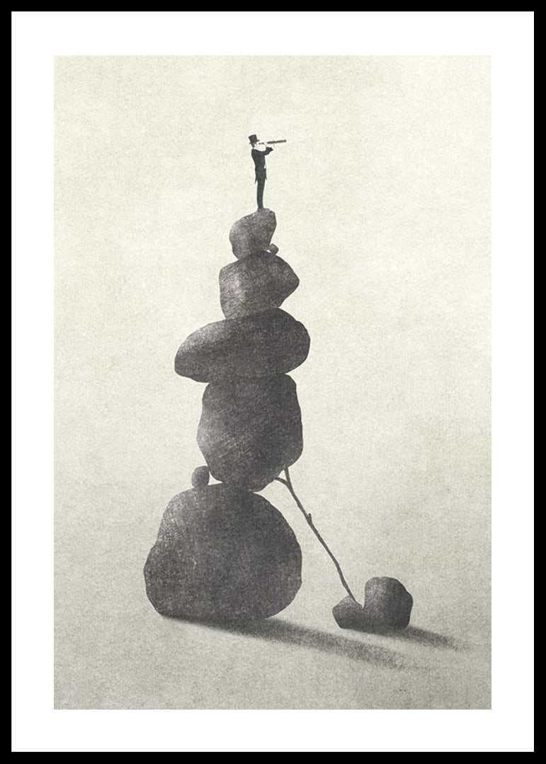 Illustration of man with binoculars on stacked stones, grayscale-12