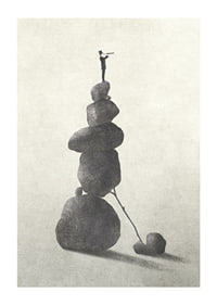 Illustration of man with binoculars on stacked stones, grayscale-1