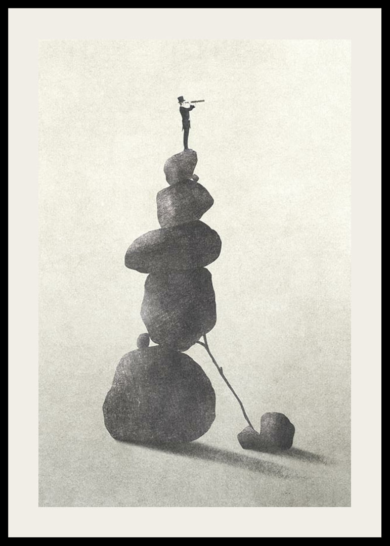 Illustration of man with binoculars on stacked stones, grayscale-12