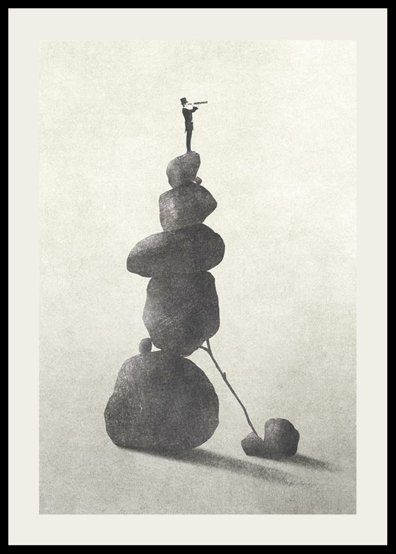 Vyro su žiūronais ant sukrautų akmenų iliustracija, pilkos spalvos-12