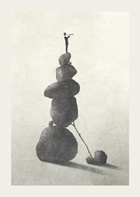 Illustration of man with binoculars on stacked stones, grayscale-3