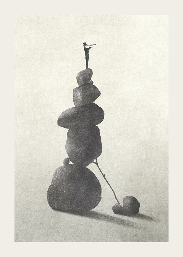 Illustration of man with binoculars on stacked stones, grayscale-12