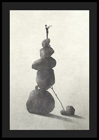 Illustration of man with binoculars on stacked stones, grayscale-4