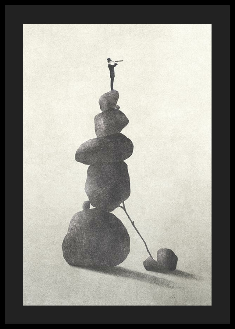 Illustration of man with binoculars on stacked stones, grayscale-12