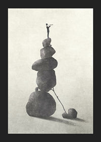 Illustration of man with binoculars on stacked stones, grayscale-5