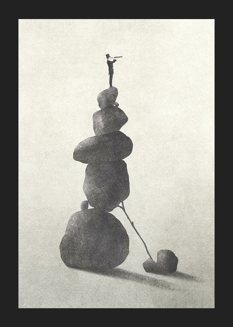 Illustration of man with binoculars on stacked stones, grayscale-12