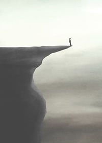 Minimalistisk illustration av person på klippavsats i grå toner-7