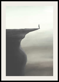 Minimalistisk illustration af person på klippeafsats i grå toner-2