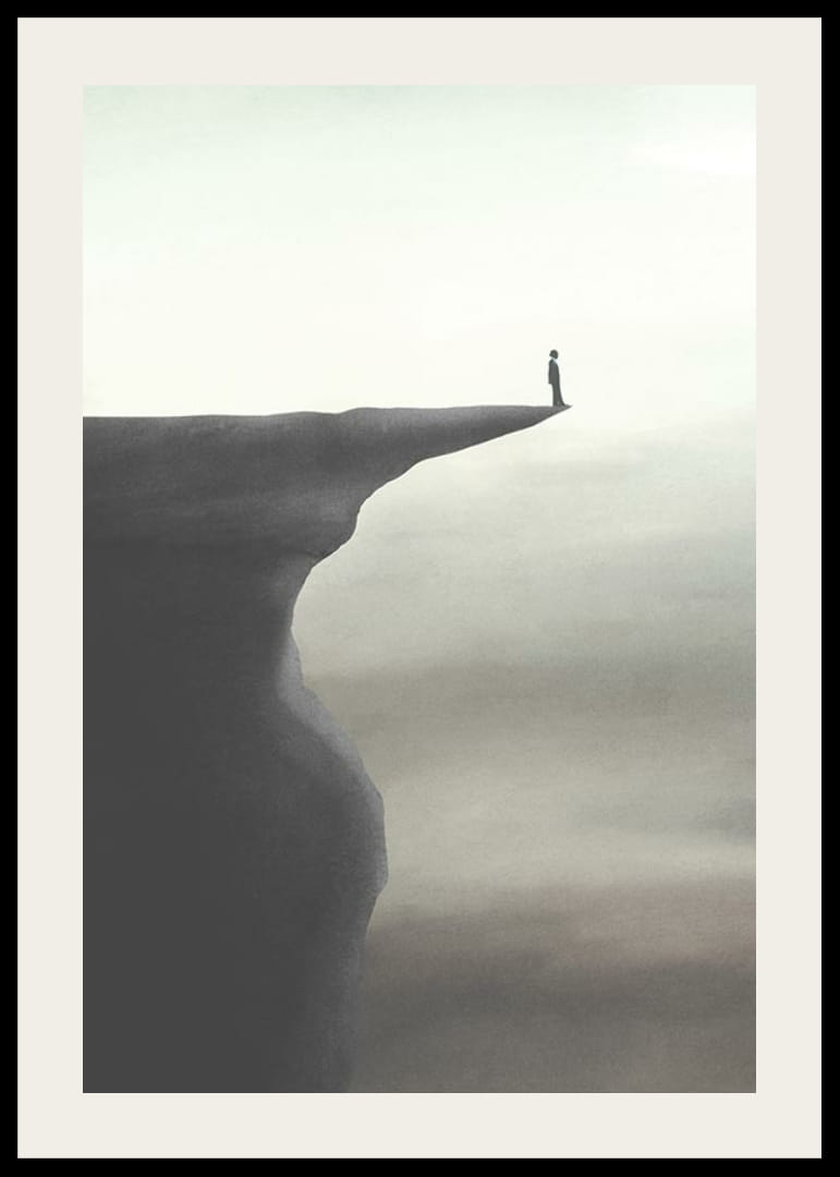 Minimalistisk illustration af person på klippeafsats i grå toner-12