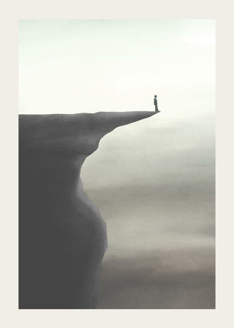 Minimalistisk illustration af person på klippeafsats i grå toner-12