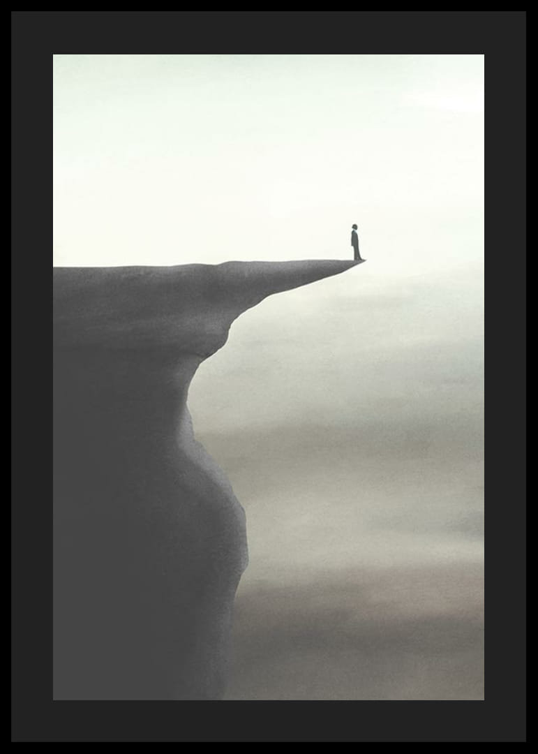 Minimalistisk illustration af person på klippeafsats i grå toner-12